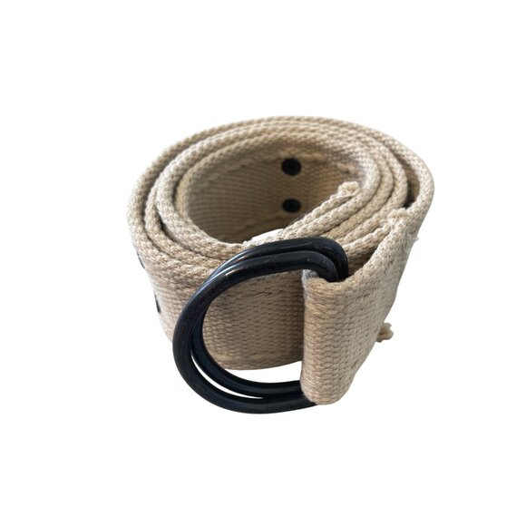 Canvas Belt Size 34 Beige Tan Black Double D Ring Hardware Durable Adjustable - Picture 1 of 6